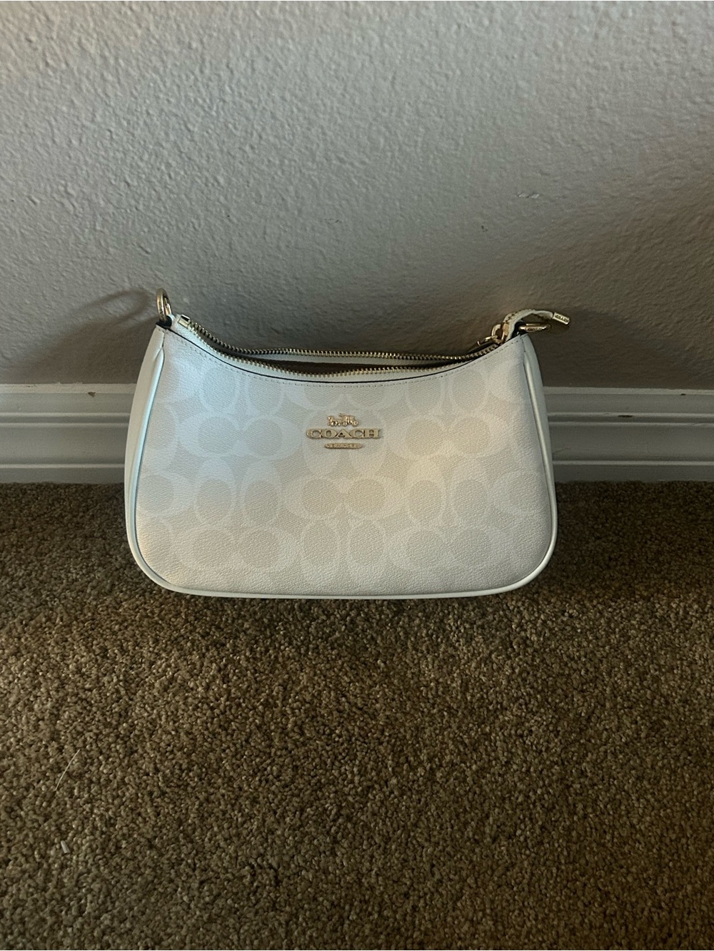 Coach White Signature Mini Shoulder Bag with Gold Hardware